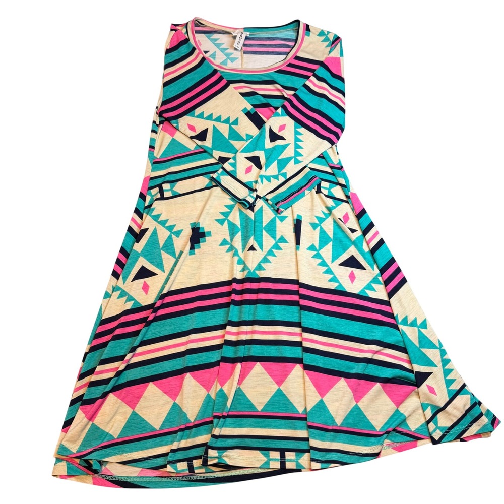 R Rouge USA Southwestern Geo Print Long Sleeve A-Line Dress Teal Pink Small